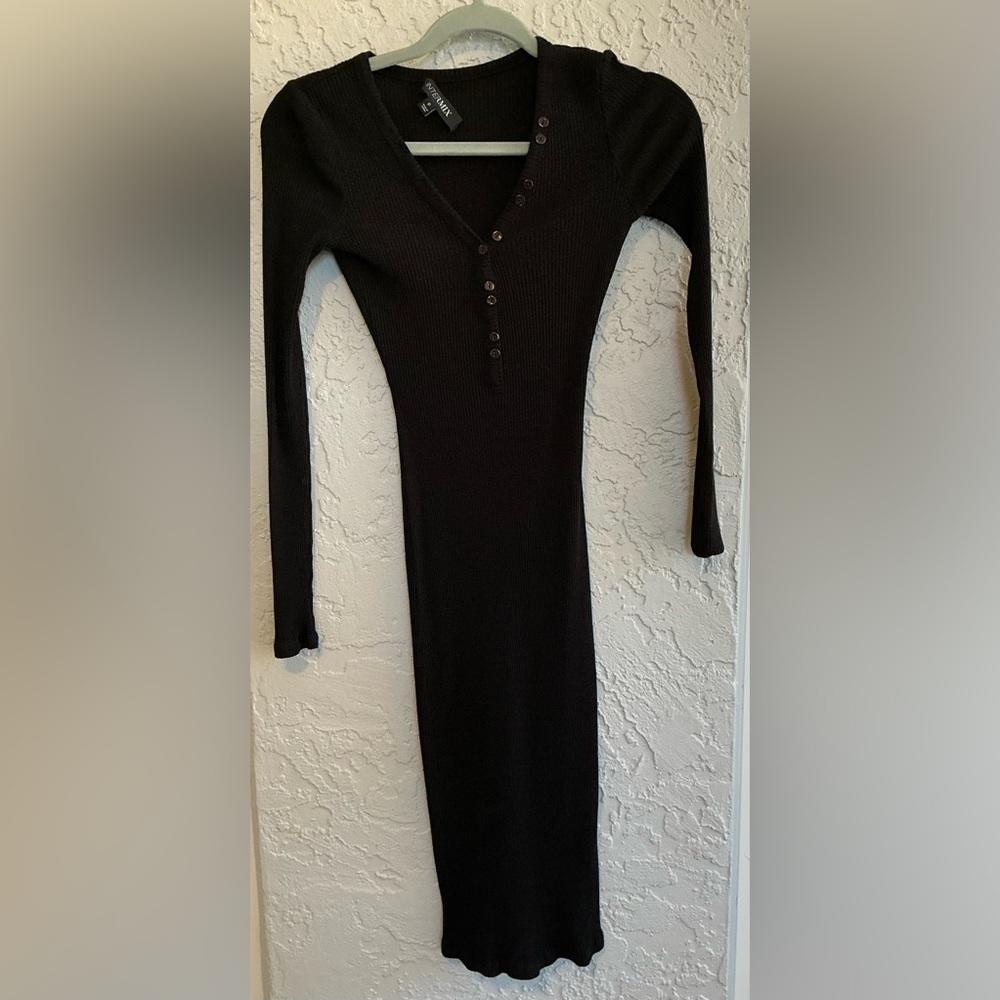 INTERMIX Black Ribbed Long Sleeve Dress